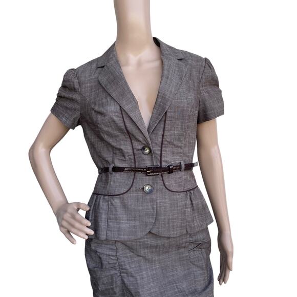 New IZ Byer Women's 2 Piece Brown Belted Skirt Collared Jacket Set Size L/7 - Picture 2 of 5
